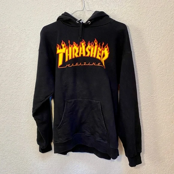 Thrasher Crew Skate Mag Logo Pullover Hoody For Sale THRASHER SKATEBOARD MAGAZINE HOOD BLACK FLAME PRINT AUSTSELLER HOODY SWEATER NEW Sweatshirt With Flames